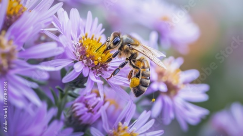 Close-Up Bee Pollinating Purple Wildflower.