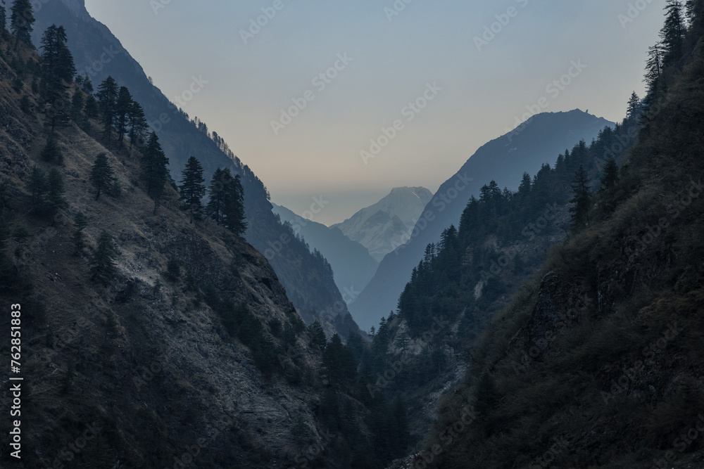 Hazy morning in Himalayan mountains valley