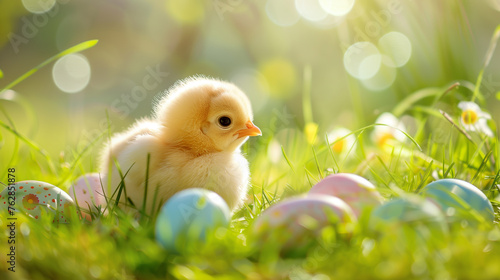 easter chicken and eggs in the grasse  © Laura