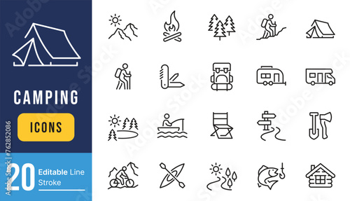 Set of Travel Outdoor Related Vector Line Icons. Contains such Icons as Campfire, Hiking, Camp Trailer and more. Editable Stroke.