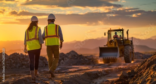 A man and a woman are walking in a construction site with a bulldozer in the background, wearing highvisibility clothing and helmets. The sky is cloudy and the landscape is dominated by asphalt