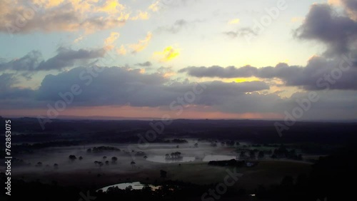 Mystic Rural Landscape At Sunrise In Noosa Shire, Queensland, Australia. aerial shot photo