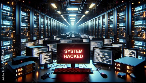 Warning message 'System Hacked' displayed  for advanced persistent threats, network security breaches cybersecurity concept 