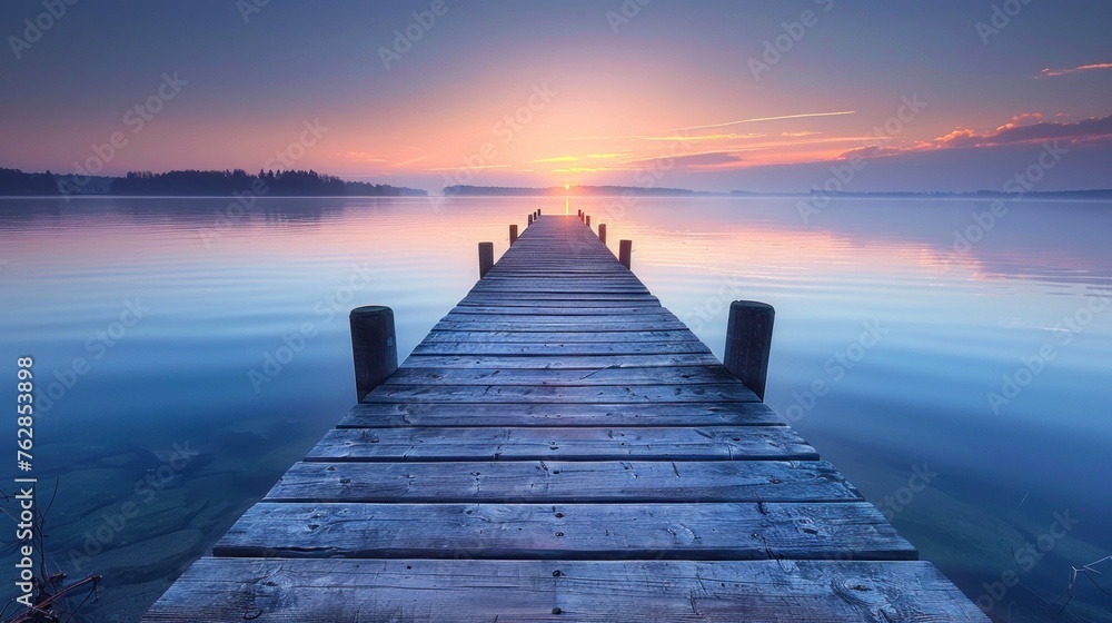 Fototapeta premium A wooden bridge stretches across the water amidst a beautiful valley.