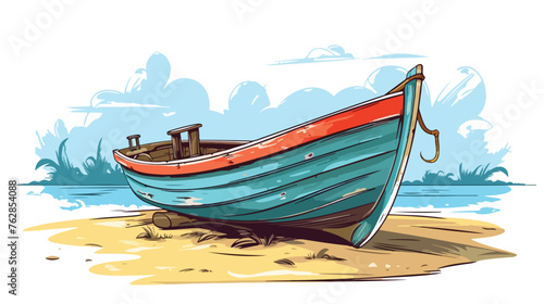 Old boat on beach illustration vector flat vector 