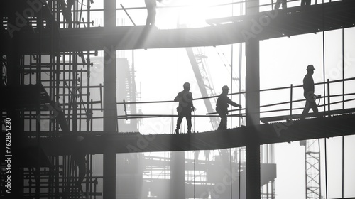 A black and white silhouette of construction workers on different levels of a site. An image of teamwork or a challenge of heights  photo