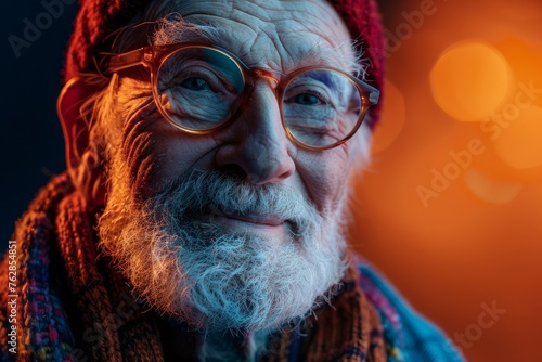 Senior with glowing night vision goggles in a dark setting