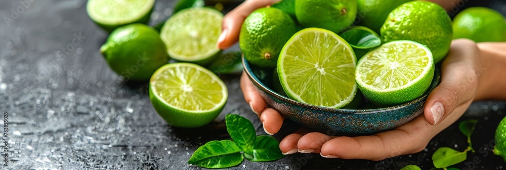 Hand holding tangy lime on blurred background with lime selection and copy space Hand holding tangy lime on blurred background with lime selection and copy space