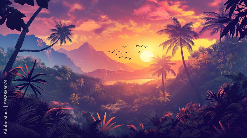 Topical and Sunset isolation Background, Illustration