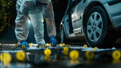A forensic scientist is analyzing a vehicle at a crime scene, inspecting the wheel, tire, automotive lighting, and alloy wheel for evidence on the asphalt