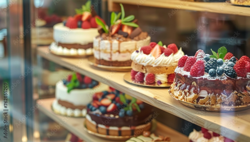 A selection of gourmet cakes on display behind the glass of a bakery showcase