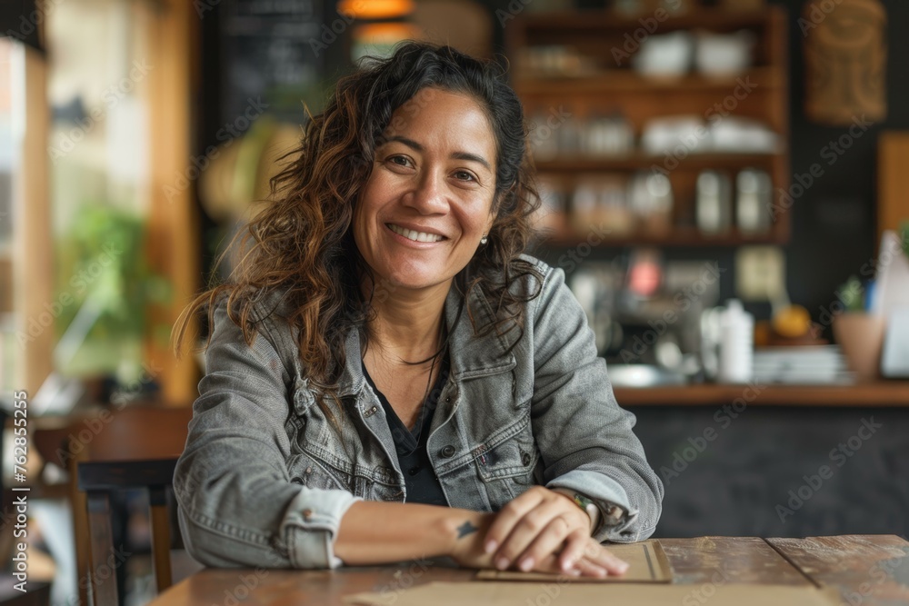 Woman with curly hair smiling warmly at a cafe table Woman with curly hair smiling warmly at a cafe table