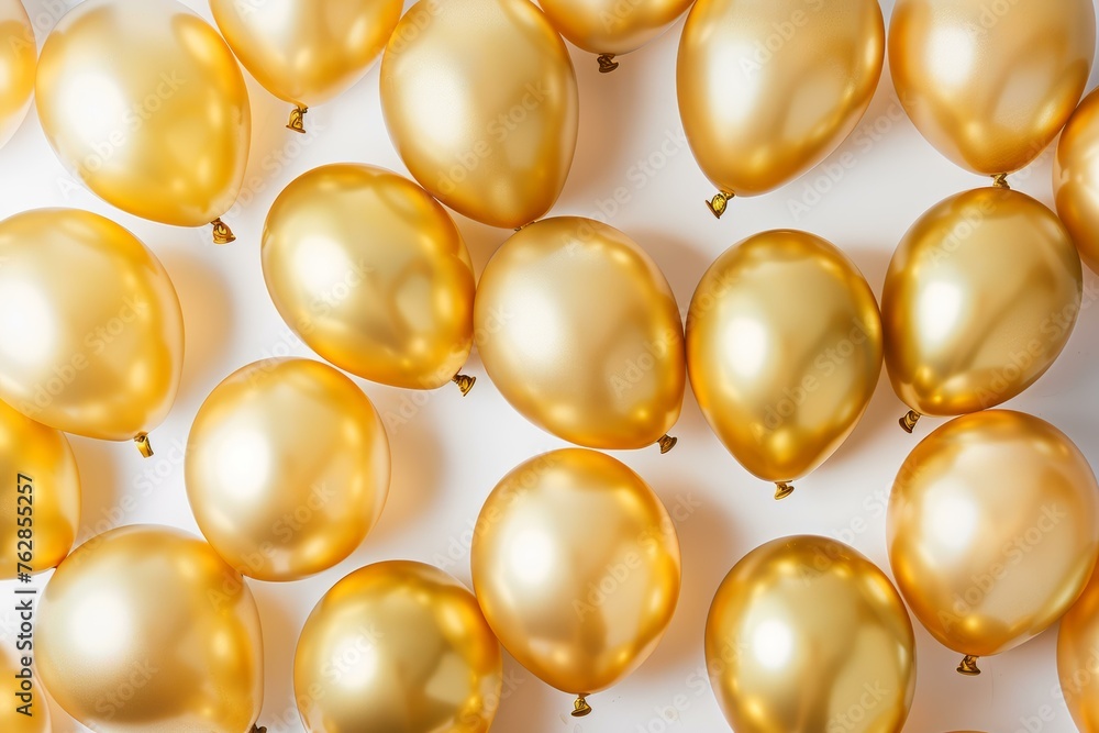 Gleaming golden balloons floating against a white background for a festive celebration Gleaming golden balloons floating against a white background for a festive celebration