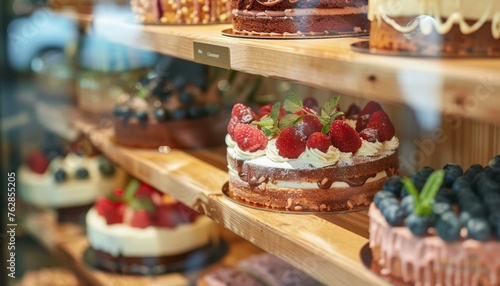 A tempting display of gourmet cakes in a bakery showcase with luscious strawberries and blueberries.