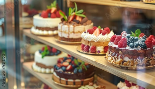 A selection of gourmet cakes on display behind the glass of a bakery showcase