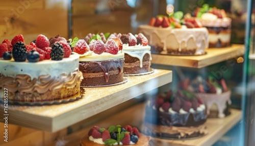 Assorted gourmet cakes with fresh berries on display in a bakery case