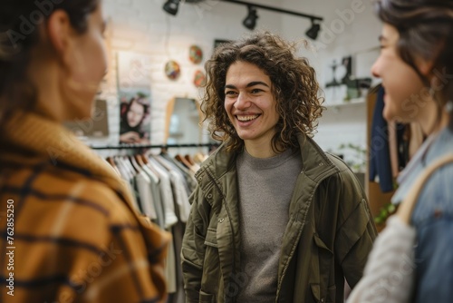 Smiling person engaging in a friendly conversation with peers in a cozy boutique clothing store. photo