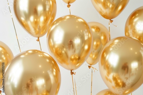 Golden helium balloons with reflective surfaces floating against a white background photo