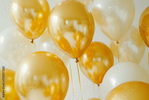 Golden and white helium balloons floating with elegance for a festive celebration