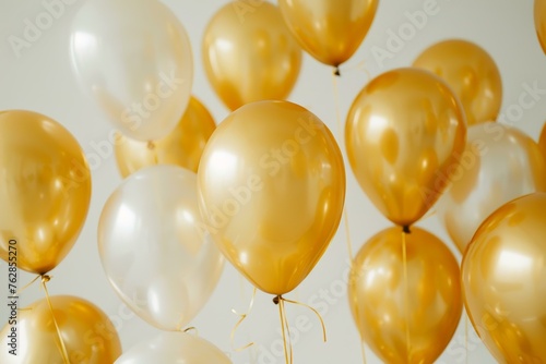 Golden and white balloons floating against a light background for a festive celebration