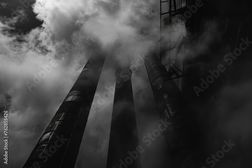Industrial silhouette against a cloudy sky: towering smokestacks emitting vapors photo