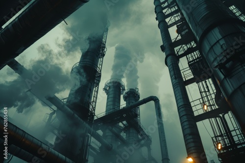 Industrial might under a gloomy sky: towering smokestacks and intricate pipework at a sprawling oil refinery photo