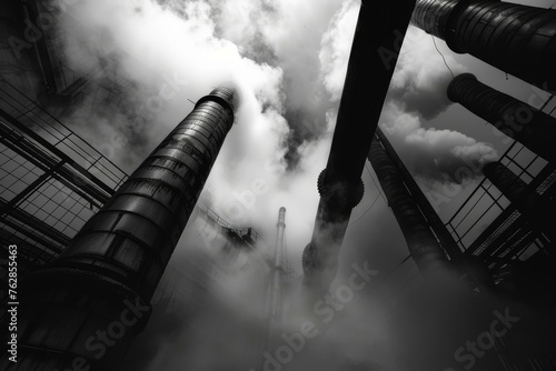 Industrial maze of towering smokestacks amidst swirling clouds in a monochrome setting