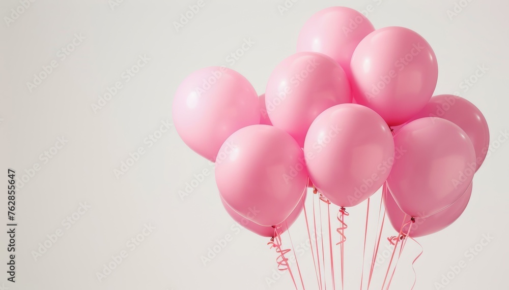 A bunch of pink helium balloons tied with red strings against a white background A bunch of pink helium balloons tied with red strings against a white background