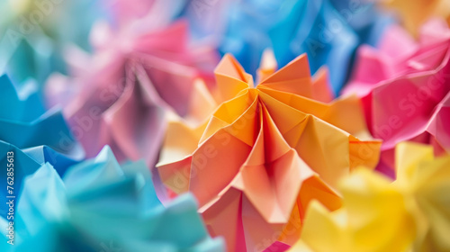 A colorful array of origami shapes each created by combining multiple paper sizes and shapes to produce a vibrant and varied collection. The adaptability of paper in origami