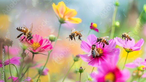 A swarm of bees buzzing busily around a hive, collecting nectar from colorful flowers