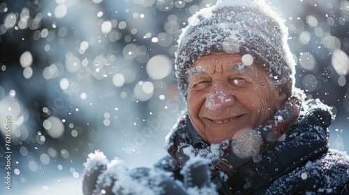 Winter magic: Senior person conjuring frost with a touch amidst sparkling snowflakes