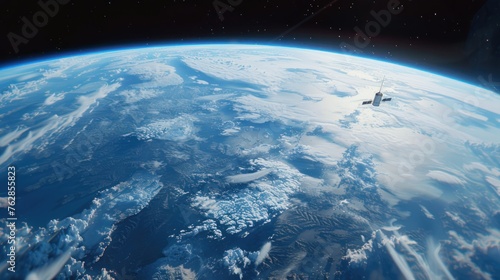 artificial satellite of the earth. a satellite flying in space over the globe  photo