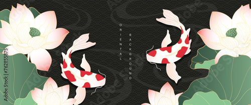 Luxury gold oriental style background vector. Chinese and Japanese wallpaper pattern design of elegant koi carp fish, lotus flower with gradient gold line texture. Design for decoration, wall decor.