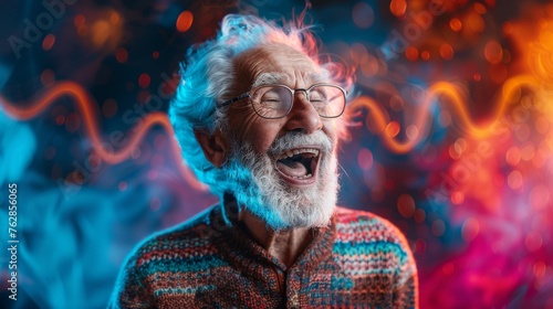 Energetic senior man with sonic scream superpower on a vibrant abstract background photo