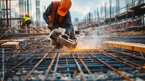 Construction worker cutting steel with a grinder on a construction site,
