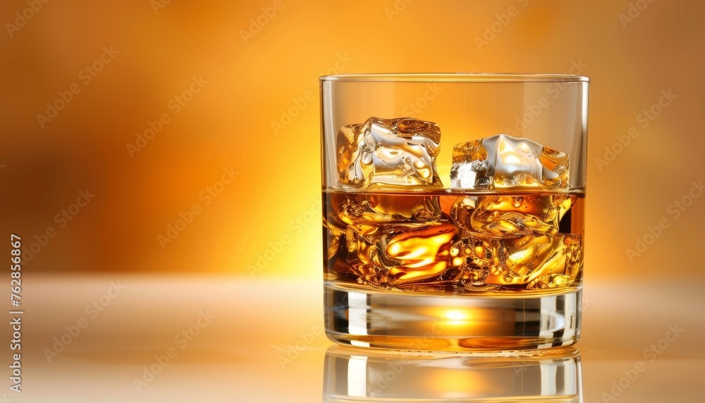 Whiskey on the rocks  glass with ice cubes on simple background with space for text