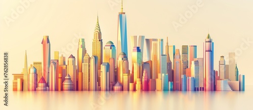 A city skyline is shown in a colorful  abstract style