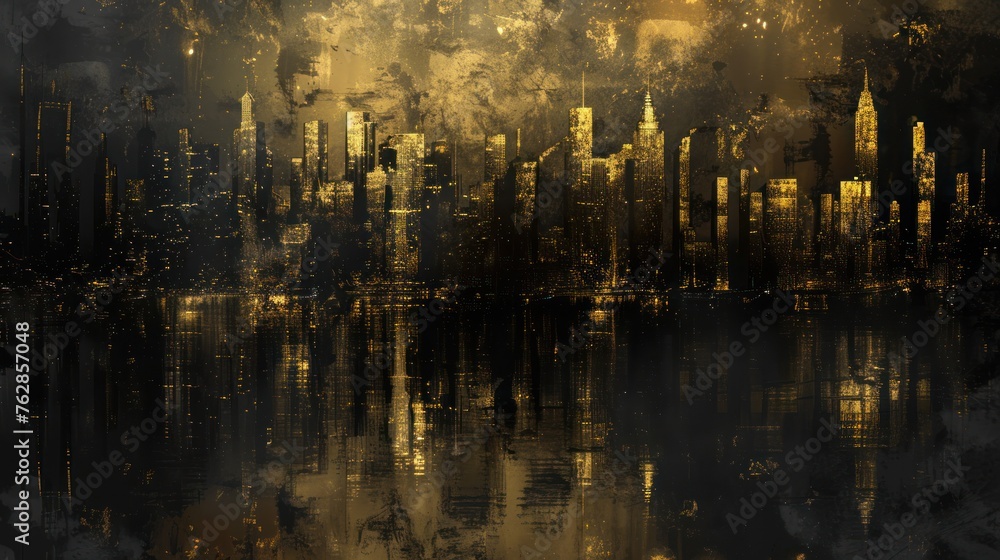 Generative AI, Black and golden painted cityscape, impasto textured style, dark gothic landscape 