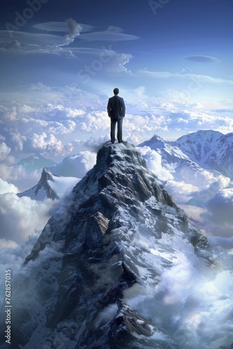 A man stands on top of a snow covered mountain