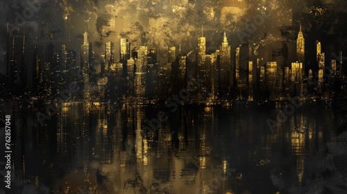 Generative AI  Black and golden painted cityscape  impasto textured style  dark gothic landscape 