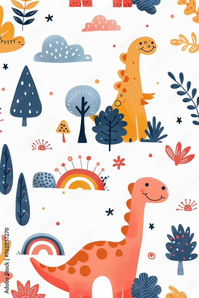Obraz premium A colorful drawing of a dinosaur and a tree with a rainbow in the background