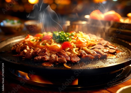 A plate of food with a variety of vegetables and meat on a grill