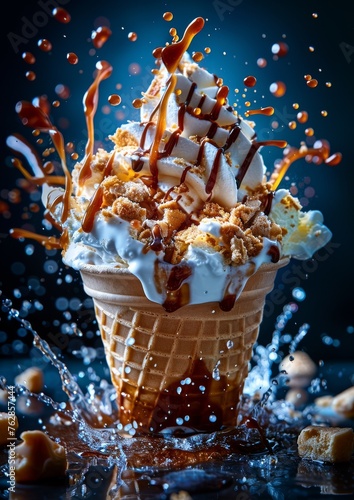 A scoop of ice cream in a cone with brown sauce and sprinkles