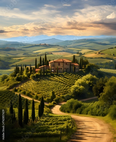 Tuscany landscape with grain fields  cypress trees and houses on the hills at sunset. Summer rural landscape with curved road in Tuscany  Italy  Europe