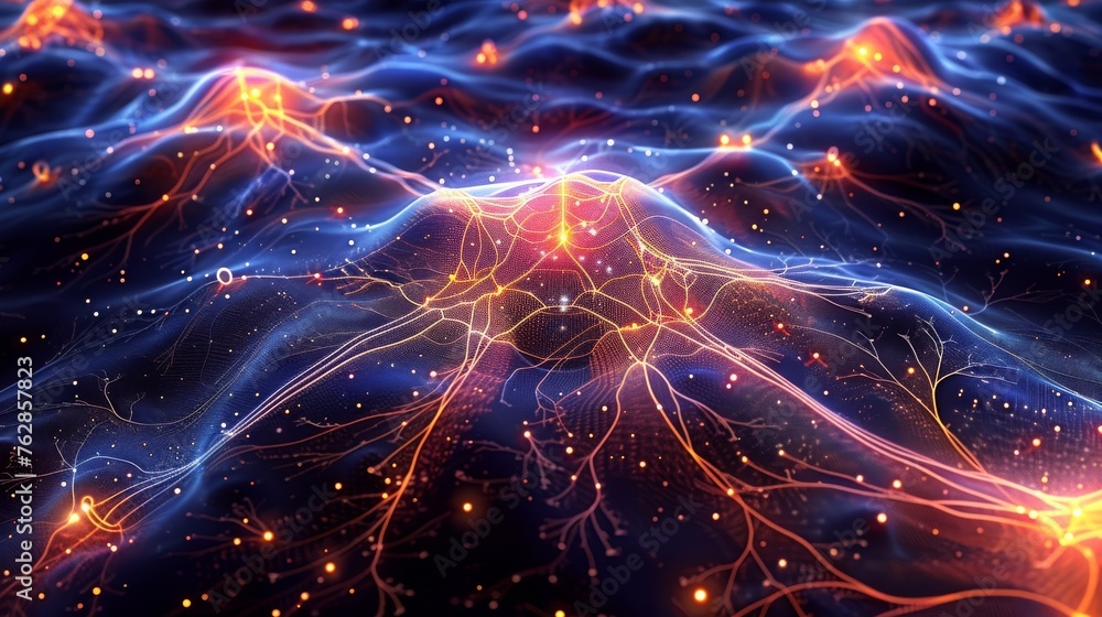 A close up of a brain with many neurons and a bright orange glow A close up of a brain with many neurons and a bright orange glow