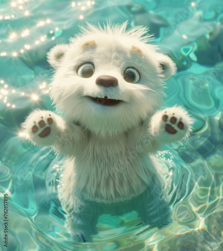 A cartoon bear is in the water  smiling and waving