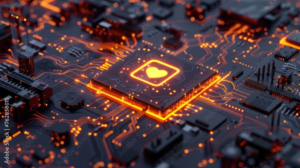 Social Media Technology Concept with like symbol on a Microchip. Orange Neon Data flows between the CPU and the User across a Futuristic Motherboard. 3D render