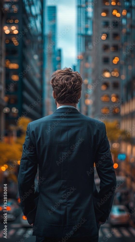 Fototapeta premium A man in a suit stands in the middle of a city street
