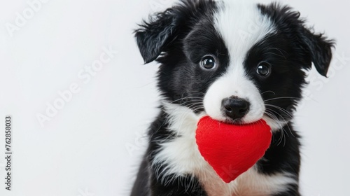St. Valentine's Day concept. Funny portrait cute puppy dog border collie holding red heart in mouth isolated on white background, close up. Lovely dog in love on valentines day gives gift  © Jeerawut