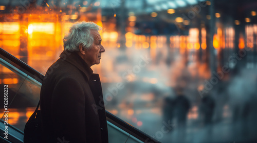 Reflective Evening: Senior Businessman in Thought on Escalator Amidst City Glow